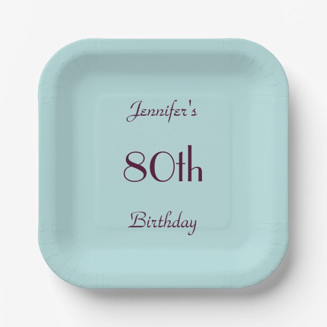 Robin's Egg Blue, 80th Birthday Party, Name Pastel Paper Plate (Front)