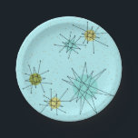 Robin's Egg Blue Atomic Starbursts Paper Plate<br><div class="desc">This Robin’s Egg Blue Iconic Atomic Starbursts Paper Plate (large print) pattern features iconic atomic starbursts. That’s right! The old school, robin’s egg blue coloured background with gold speckles is the perfect backdrop for the vibrant turquoise, soothing celery, and kitschy pear green coloured circles. The spots of colour are sporadically...</div>