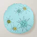Robin's Egg Blue Atomic Starbursts Round Pillow<br><div class="desc">This Robin’s Egg Blue Iconic Atomic Starbursts Throw Pillow pattern features iconic atomic starbursts. That’s right! The old school, robin’s egg blue coloured background with gold speckles is the perfect backdrop for the vibrant turquoise, soothing celery, and kitschy pear green coloured circles. The spots of colour are sporadically placed in...</div>