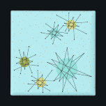 Robin's Egg Blue Atomic Starbursts Square Magnet<br><div class="desc">This Robin’s Egg Blue Iconic Atomic Starbursts Square Magnet pattern features iconic atomic starbursts. That’s right! The old school, robin’s egg blue coloured background with gold speckles is the perfect backdrop for the vibrant turquoise, soothing celery, and kitschy pear green coloured circles. The spots of colour are sporadically placed in...</div>