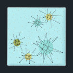 Robin's Egg Blue Atomic Starbursts Square Magnet<br><div class="desc">This Robin’s Egg Blue Iconic Atomic Starbursts Square Magnet pattern features iconic atomic starbursts. That’s right! The old school, robin’s egg blue coloured background with gold speckles is the perfect backdrop for the vibrant turquoise, soothing celery, and kitschy pear green coloured circles. The spots of colour are sporadically placed in...</div>