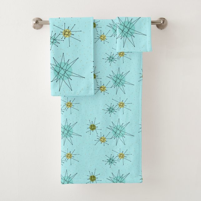 Robin's Egg Blue Atomic Starbursts Towel Set (Insitu)