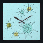 Robin's Egg Blue Atomic Starbursts Wall Clock<br><div class="desc">This Robin’s Egg Blue Iconic Atomic Starbursts Square Acrylic Wall Clock pattern features iconic atomic starbursts. That’s right! The old school, robin’s egg blue coloured background with gold speckles is the perfect backdrop for the vibrant turquoise, soothing celery, and kitschy pear green coloured circles. The spots of colour are sporadically...</div>