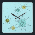 Robin's Egg Blue Atomic Starbursts Wall Clock<br><div class="desc">This Robin’s Egg Blue Iconic Atomic Starbursts Square Acrylic Wall Clock pattern features iconic atomic starbursts. That’s right! The old school, robin’s egg blue coloured background with gold speckles is the perfect backdrop for the vibrant turquoise, soothing celery, and kitschy pear green coloured circles. The spots of colour are sporadically...</div>