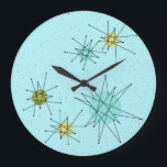Robin's Egg Blue Atomic Starbursts Wall Clock<br><div class="desc">This Robin’s Egg Blue Iconic Atomic Starbursts Round Acrylic Wall Clock pattern features iconic atomic starbursts. That’s right! The old school, robin’s egg blue coloured background with gold speckles is the perfect backdrop for the vibrant turquoise, soothing celery, and kitschy pear green coloured circles. The spots of colour are sporadically...</div>