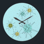 Robin's Egg Blue Atomic Starbursts Wall Clock<br><div class="desc">This Robin’s Egg Blue Iconic Atomic Starbursts Round Acrylic Wall Clock pattern features iconic atomic starbursts. That’s right! The old school, robin’s egg blue coloured background with gold speckles is the perfect backdrop for the vibrant turquoise, soothing celery, and kitschy pear green coloured circles. The spots of colour are sporadically...</div>