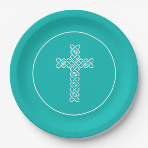 Robin's Egg Blue First Communion Cross Paper Plate