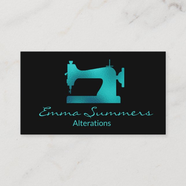 Robin's egg Blue Foil Sewing Machine Alterations Business Card (Front)