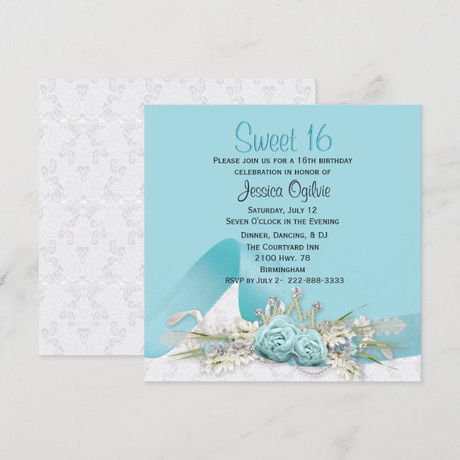 Robins Egg Blue Roses Sweet 16 Birthday Invitation (Front/Back)