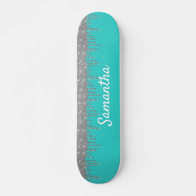 Robin's Egg Blue Silver Glitter Drips Skateboard (Front)