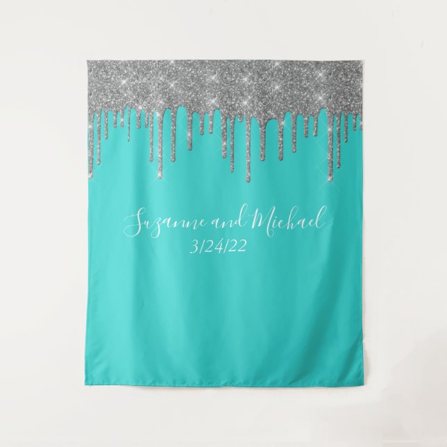 Robin's Egg Blue Silver Glitter Drips Wedding Tapestry (Front)