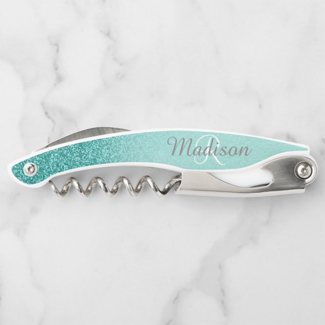 Robin's Egg Blue Teal Stylish Monogram Glitter Corkscrew (Back)
