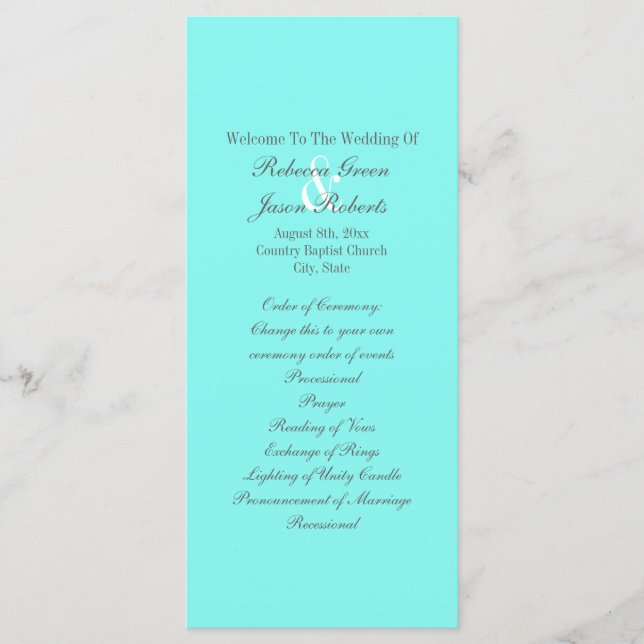 robin's egg blue turquoise aqua blue wedding programme (Front)