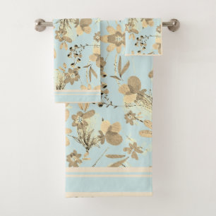 Robins Egg Blue with Brown Shades of Florals  Bath Towel Set