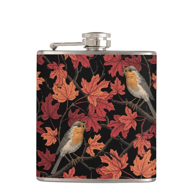 Robins in maple tree hip flask (Front)