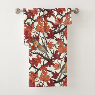 Robins in maple tree on off white bath towel set