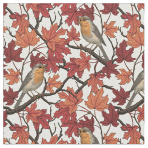 Robins in maple tree on off white fabric