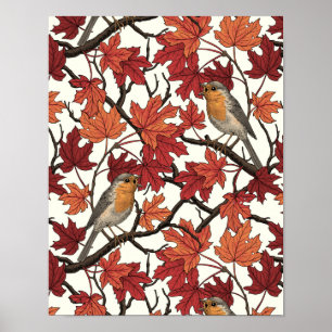 Robins in maple tree on off white poster