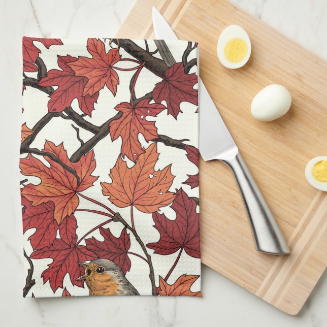 Robins in maple tree on off white tea towel (Quarter Fold)