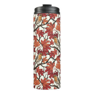 Robins in maple tree on off white thermal tumbler