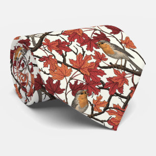 Robins in maple tree on off white tie