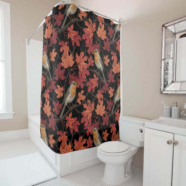 Robins in maple tree shower curtain (In Situ)