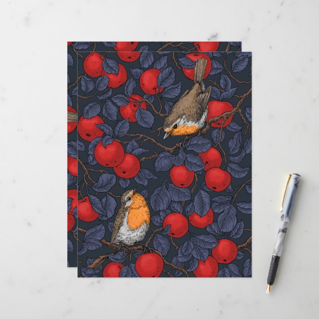 Robins in the apple tree/blue and red  (Front/Back In Situ)