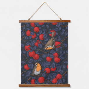 Robins in the apple tree/blue and red  hanging tapestry