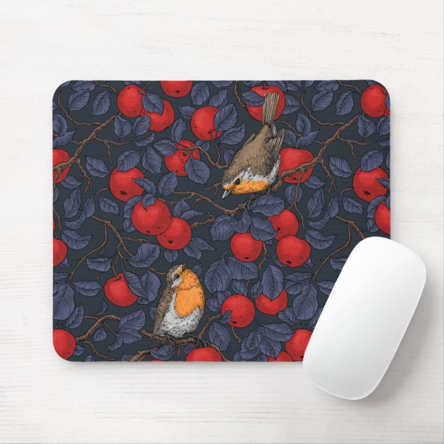 Robins in the apple tree/blue and red  mouse mat (With Mouse)