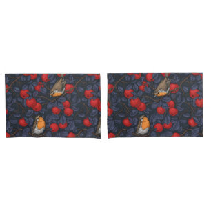 Robins in the apple tree/blue and red pillowcase