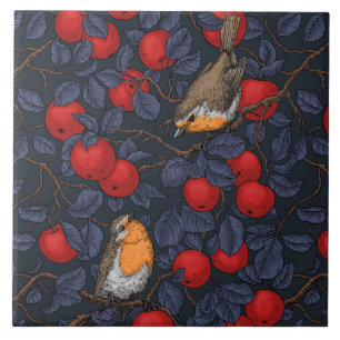 Robins in the apple tree/blue and red tile
