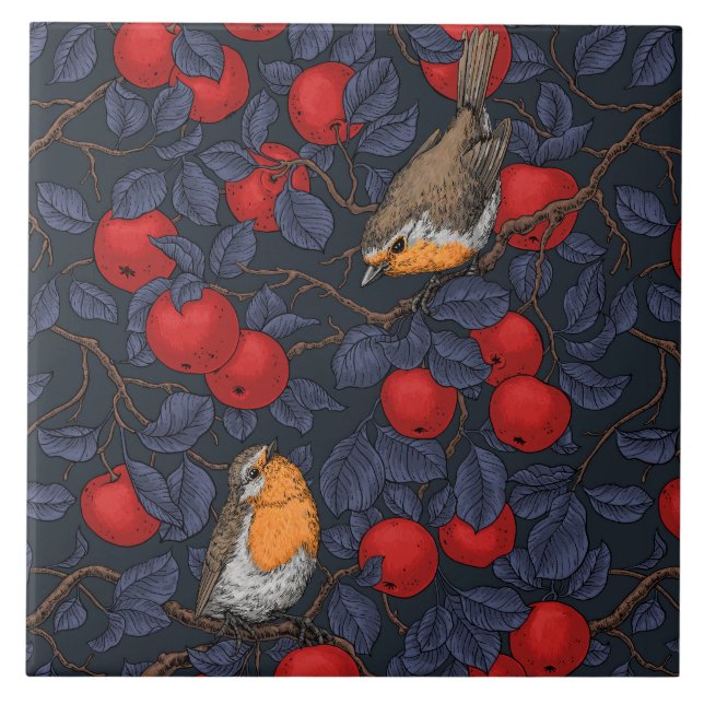 Robins in the apple tree/blue and red  tile (Front)