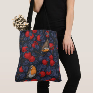Robins in the apple tree/blue and red tote bag