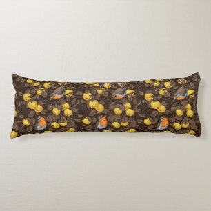 Robins in the apple tree/yellow and dark brown body cushion