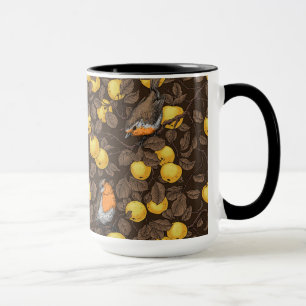 Robins in the apple tree/yellow and dark brown mug