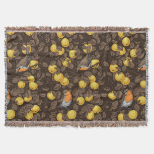 Robins in the apple tree/yellow and dark brown throw blanket