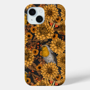 Robins in the autumn garden on black iPhone 15 case