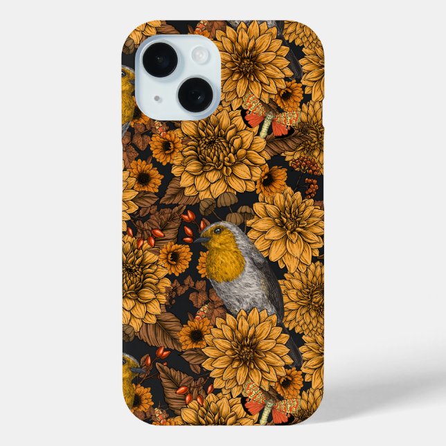 Robins in the autumn garden on black Case-Mate iPhone case (Back)
