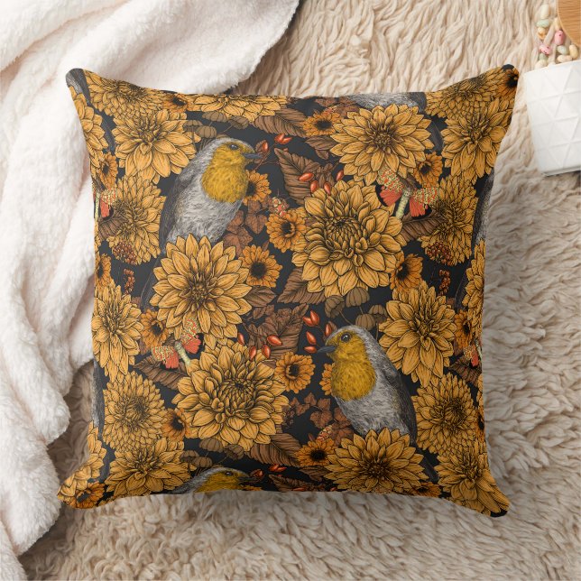 Robins in the autumn garden on black cushion (Blanket)
