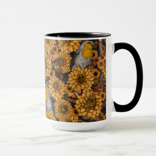 Robins in the autumn garden on black mug
