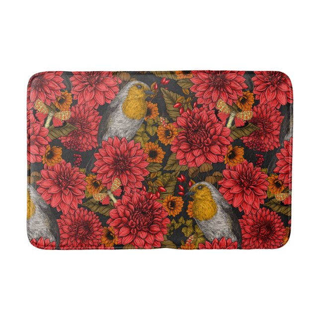 Robins in the autumn garden, red dahlias on black bath mat (Front)