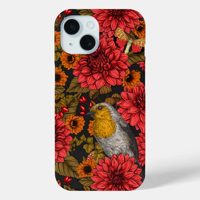 Robins in the autumn garden, red dahlias on black Case-Mate iPhone case (Back)