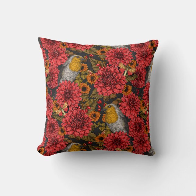Robins in the autumn garden, red dahlias on black cushion (Front)