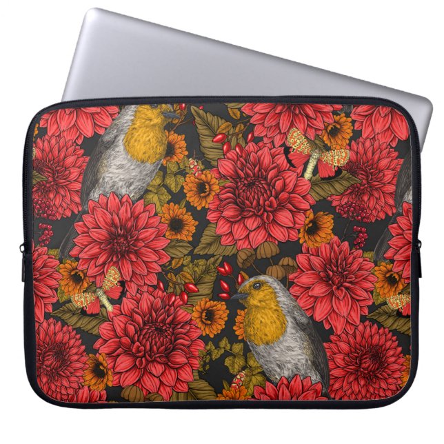 Robins in the autumn garden, red dahlias on black laptop sleeve (Front)