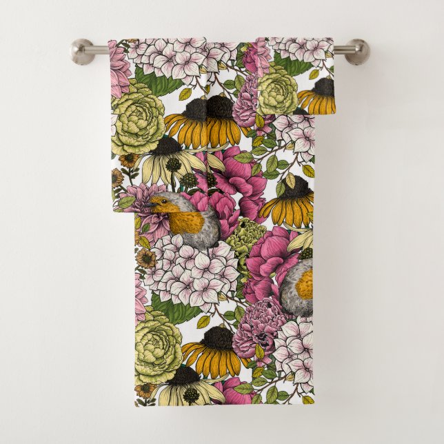 Robins in the garden bath towel set (Insitu)