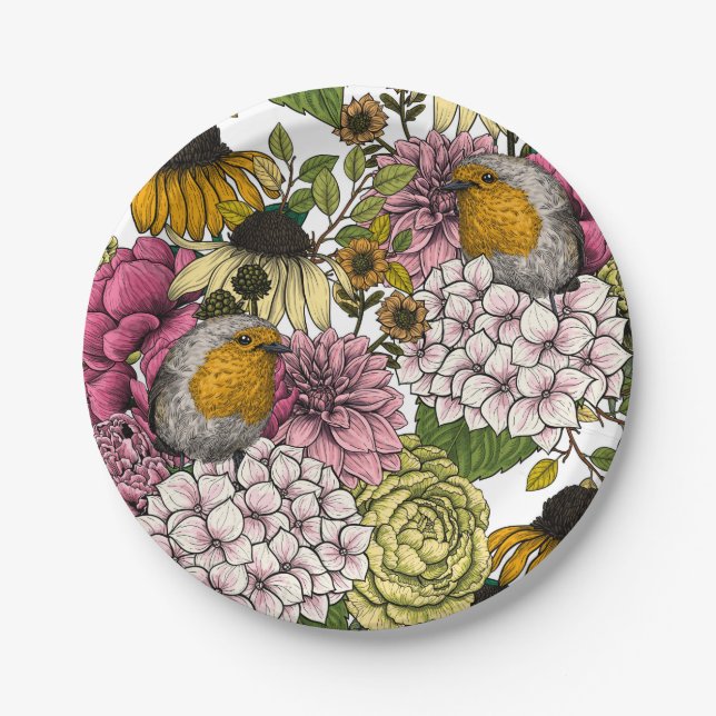 Robins in the garden paper plate (Front)