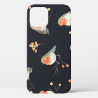 Robins, rowan berries, winter watercolor pattern.