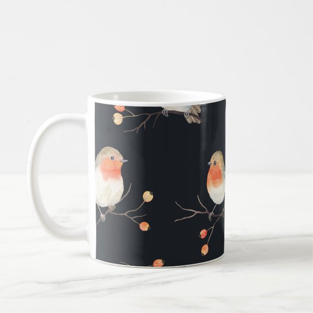 Robins, rowan berries, winter watercolor pattern. coffee mug (Left)