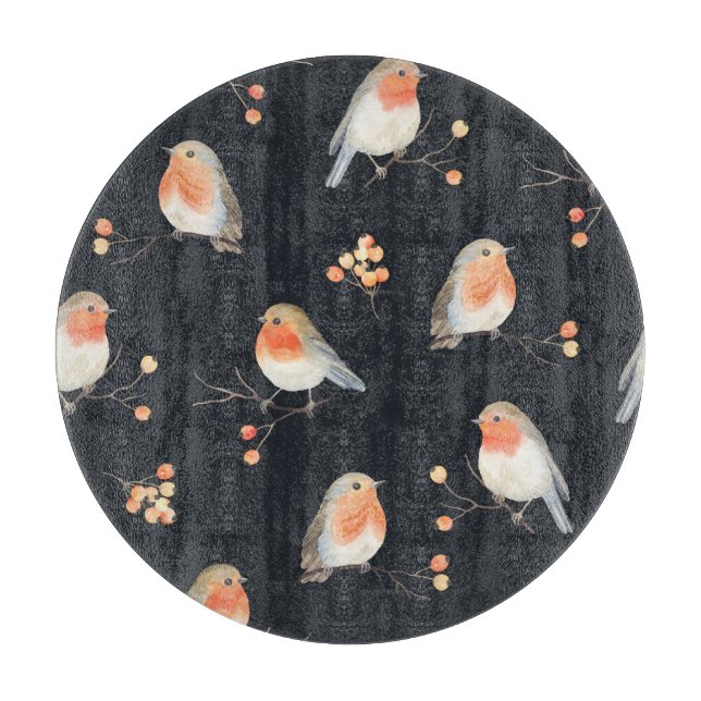 Robins, rowan berries, winter watercolor pattern. cutting board (Front)
