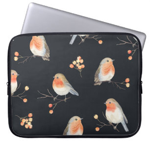 Robins, rowan berries, winter watercolor pattern. laptop sleeve